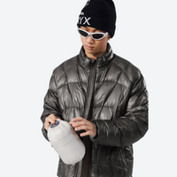 
                  
                    Unisex ultralight packable down vest and jacket - dark gray ultralight down jacket on men with beanie
                  
                