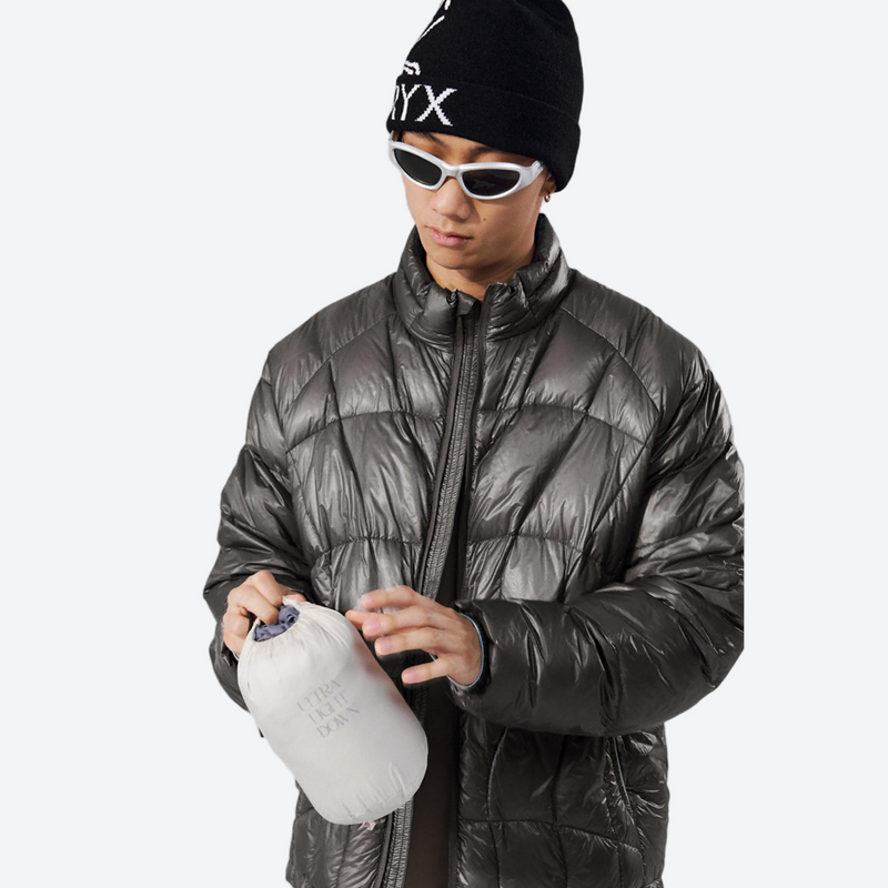 Unisex ultralight packable down vest and jacket - dark gray ultralight down jacket on men with beanie