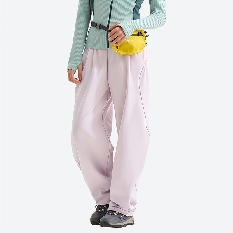 Breathable knit trail pants with cuffed hem - pale pink knit cargo pants with mint top, for travel and city walks