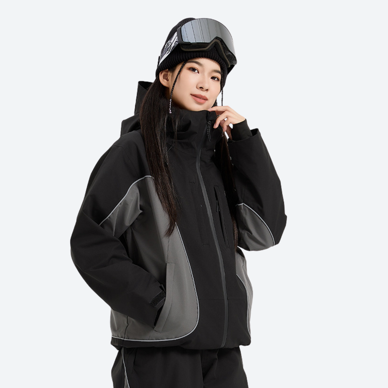 Women's colorblock snowboard jacket with wide-leg pants - black wide-leg snow pants with white top, on-model side view