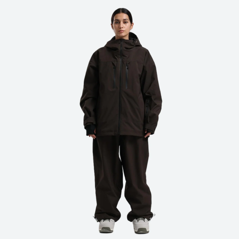 Women's breathable ski jacket with chest zip pockets - coffee brown jacket with coffee pants, for skiing and snowboarding