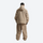 Men's breathable ski pullover set - tan jacket with tan pants, on-model back hood view, for skiing and snowboarding
