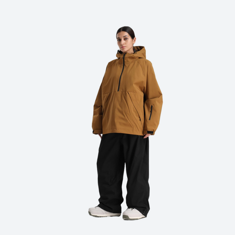 Women's breathable ski pullover jacket and pants set - caramel tan anorak jacket with black pants