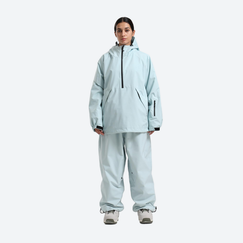 Women's waterproof 2L anorak snow jacket and pants - ice blue anorak jacket with ice blue pants, for skiing and snowboarding