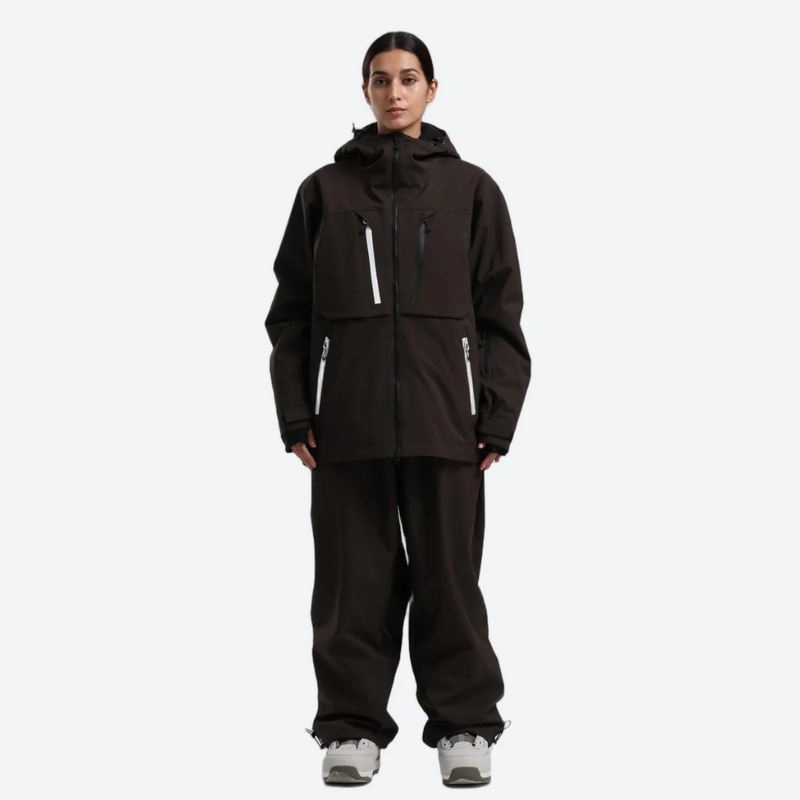 Women's breathable ski jacket with chest zip pockets - coffee brown jacket with coffee pants, for skiing and snowboarding