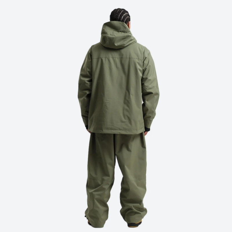 Men's breathable ski jacket with chest zip pockets - olive green jacket with olive pants, for cold-weather winter sports
