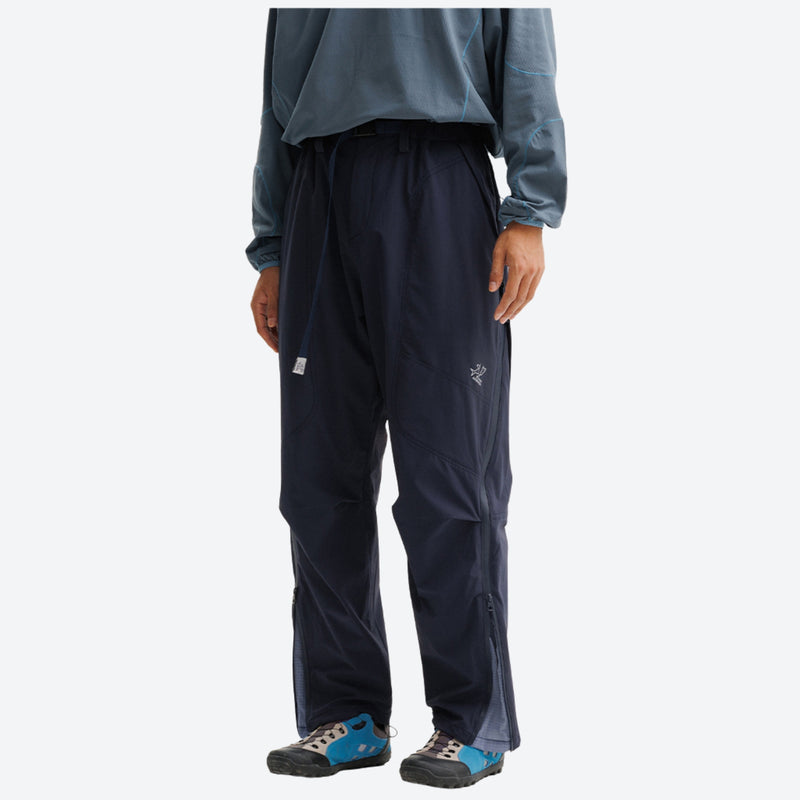 Lightweight cargo hiking pants with mesh lining - navy cargo hiking pants with gray blue top, for wet-weather trekking