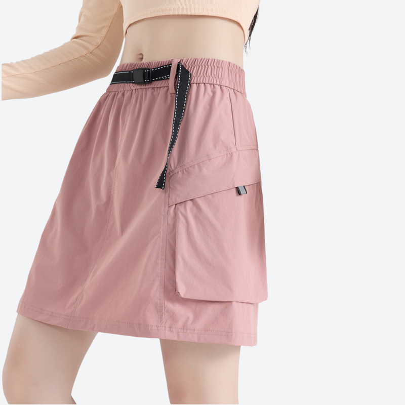 Women's quick-dry hiking skirt with inner shorts - pink cargo skort with built-in shorts, for warm-weather trekking