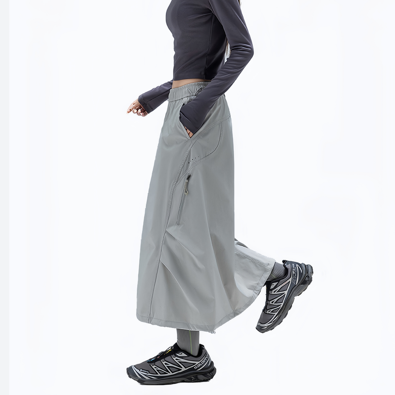 Water-repellent A-line long skirt PFOS PFOA free - light gray water-repellent long skirt on women, for travel and city walks