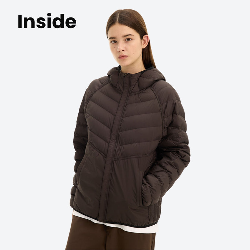 Warm reversible goose down jacket with hood - black brown 90 goose down reversible jacket on women