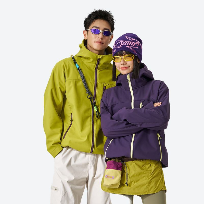 Breathable windproof softshell ski jacket with grid fleece - lime green, for powder days and winter commute