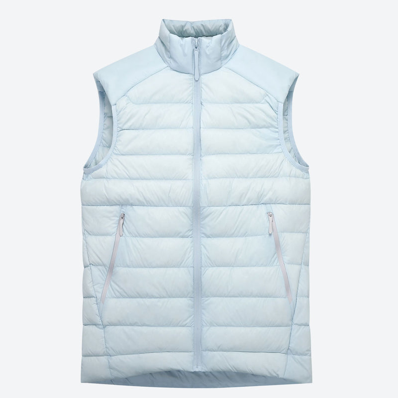 Packable insulated down vest with hooded jacket options - light blue down vest, for layering in cold weather