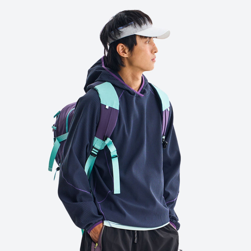 Effortless-style hooded pullover for outdoor - navy hooded mid-layer pullover on men with visor, for layering in cool weather