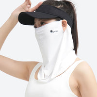 
                  
                    Cooling ice-silk face mask with detachable brim look - white ice-silk face mask with brim on women holding cap
                  
                