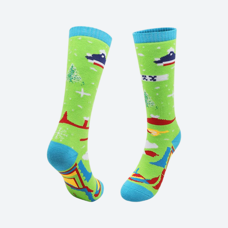 Kids cushioned compression socks for snow play - kids print merino ski socks, for kids sports and training