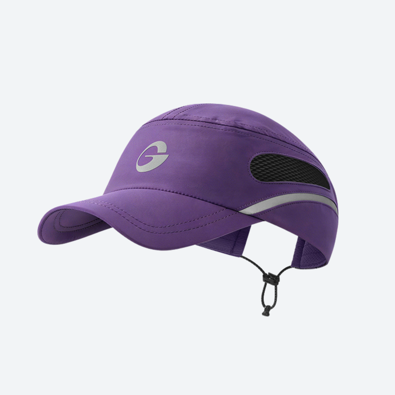 Ultralight packable running cap with reflectivity - purple featherlight running cap, product view, for travel and city walks