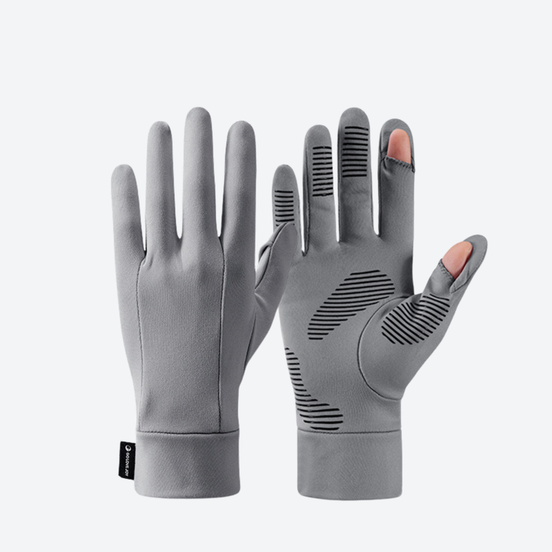 Moisture wicking liner gloves with silicone palm - gray breathable gloves, pair front view, for layering under winter gloves