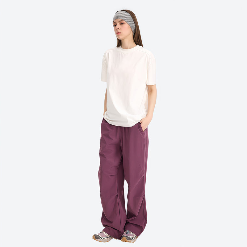 Breathable sun-protection wide-leg trail pants - plum purple wide-leg cargo pants with white tee, for sunny-weather trekking