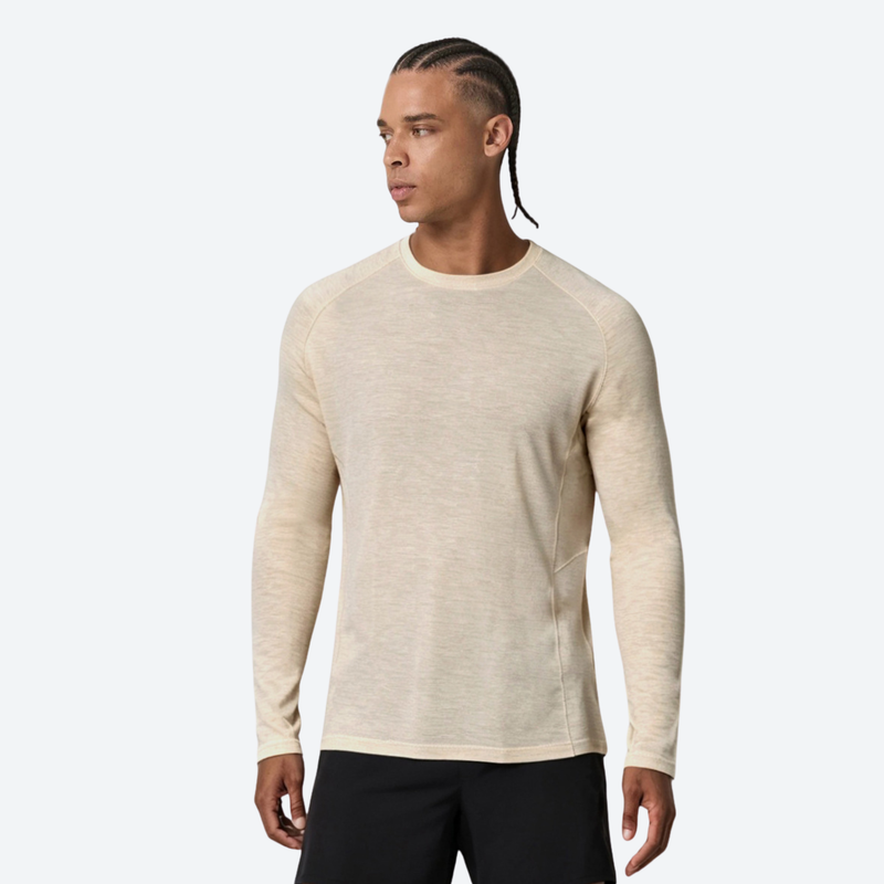 Men's breathable merino blend long-sleeve baselayer - cream merino wool quick-dry base layer top on men, front standing view