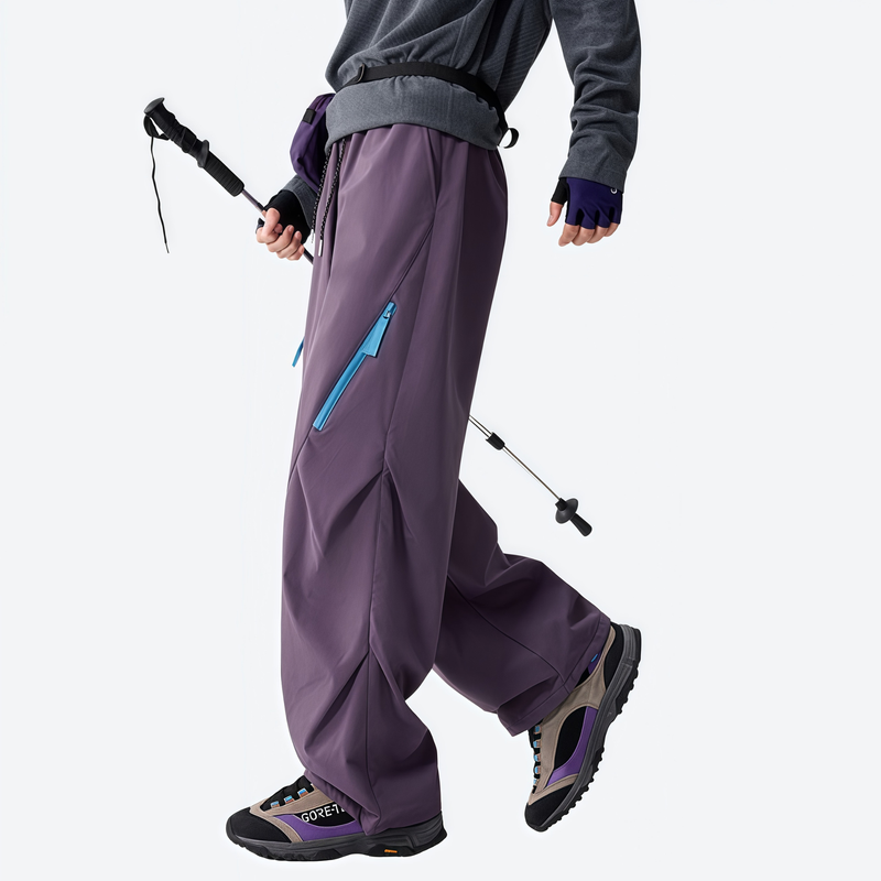 Unisex waterproof 2-in-1 down pants with liner - purple down pants, side walking view, for winter commute and travel