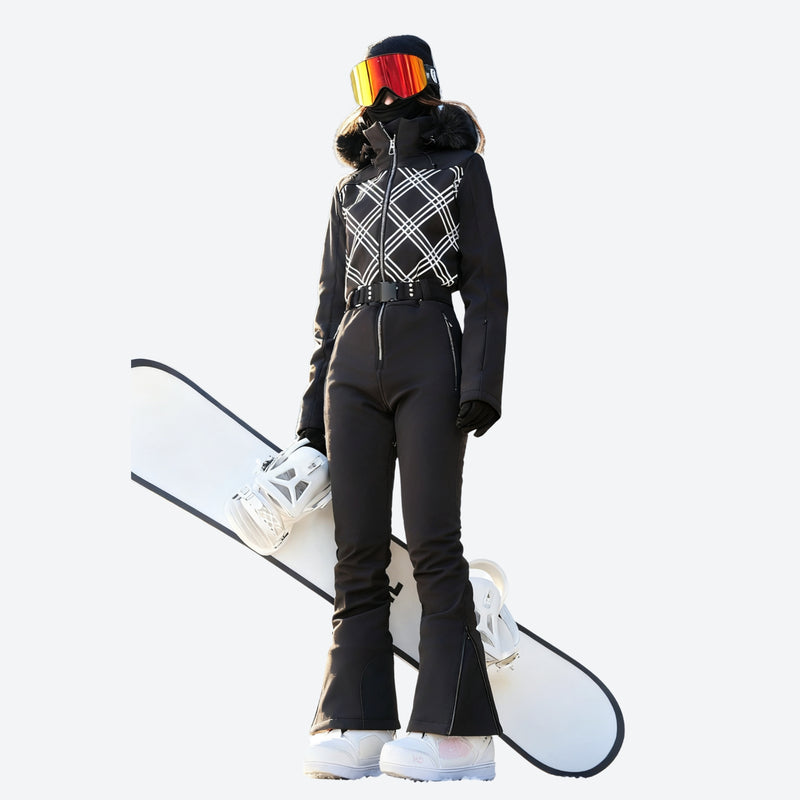 Women's waterproof 3L one-piece snow suit - black check one-piece snow suit, for powder and piste riding