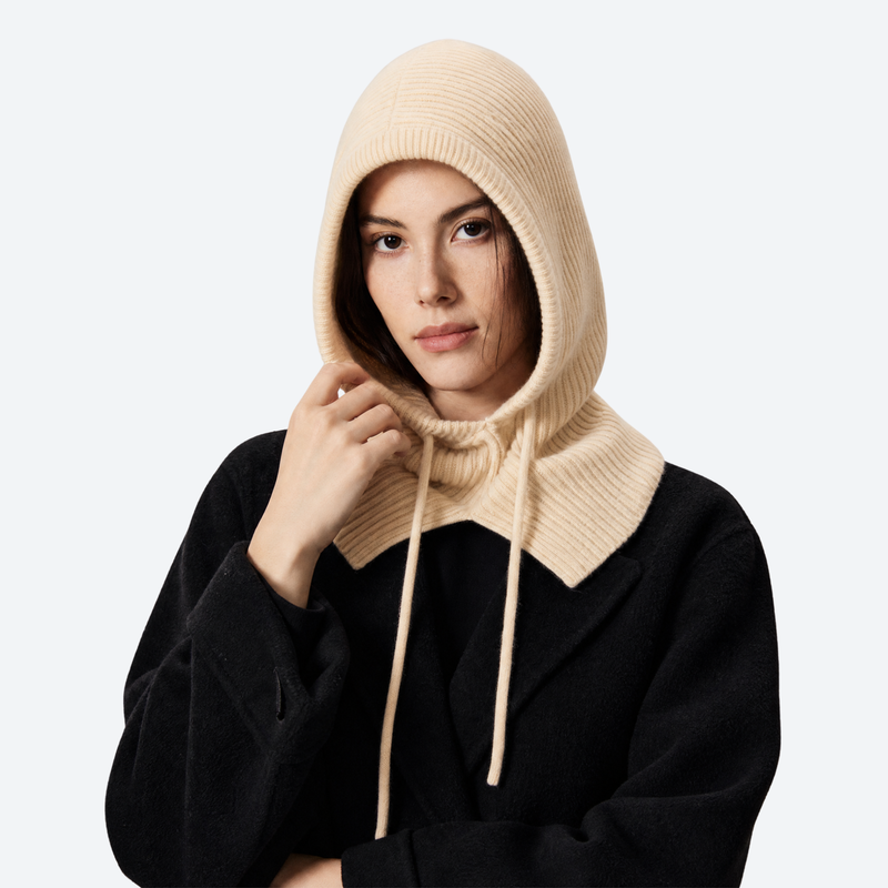 Fine 18.5 micron merino wool hooded neck warmer - cream knitted merino wool balaclava, for daily commute and office