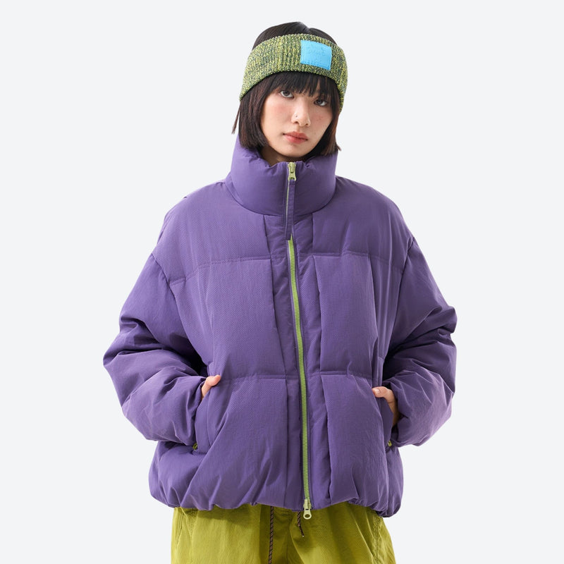 Boxy insulated down jacket with stand collar - purple windproof stand-collar down jacket on women with beanie