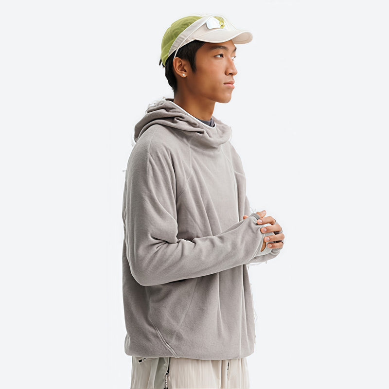 Wrinkle-resistant hooded mid-layer with thumb cuffs - light gray hooded mid-layer pullover on men with cap