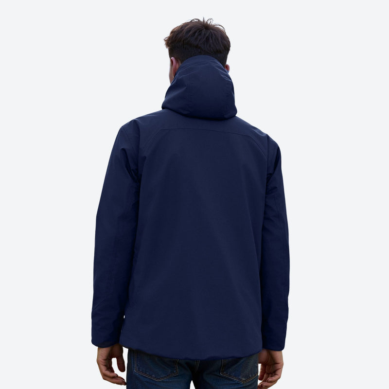 Breathable Toray waterproof softshell ski jacket - navy softshell jacket, on-model back view, for cold-weather outdoor wear