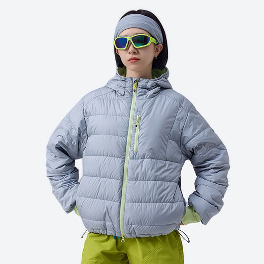 Insulated duck down jacket with contrast lining - light gray waterproof duck down hooded jacket on women with headband and su