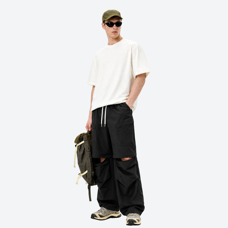 Sun-protection quick-dry convertible hiking pants - black zip-off hiking pants with white tee, for sunny-weather trekking