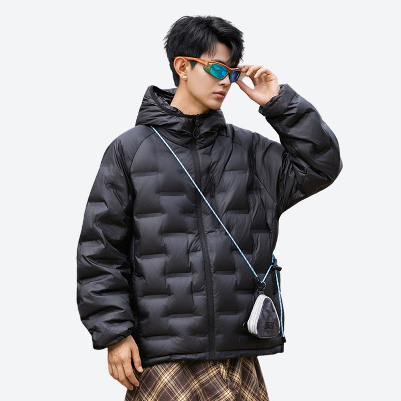 Warm waterproof down jacket with contrast panels - black duck down jacket on men with sunglasses and crossbody bag