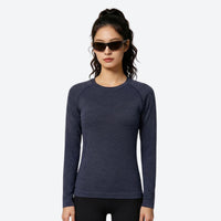 
                  
                    Breathable quick-dry base layer with channel knit - navy 3D channel quick-dry baselayer on women, front standing view
                  
                