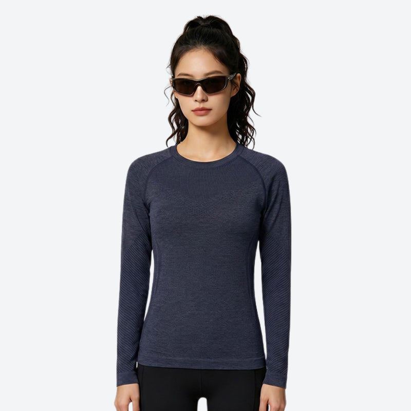 Breathable quick-dry base layer with channel knit - navy 3D channel quick-dry baselayer on women, front standing view