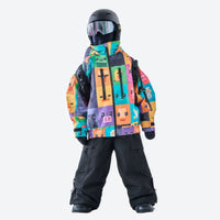 
                  
                    Kids waterproof 2L print snow jacket and pants - purple panel print kids jacket with black pants, on-model front view
                  
                