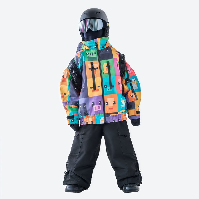 Kids waterproof 2L print snow jacket and pants - purple panel print kids jacket with black pants, on-model front view