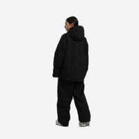
                  
                    Women's breathable ski jacket set - black jacket with black pants, on-model back hood view, for cold-weather winter sports
                  
                