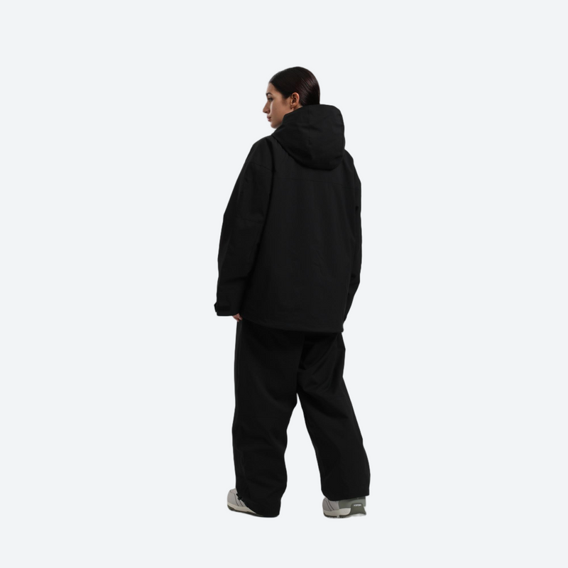 Women's breathable ski jacket set - black jacket with black pants, on-model back hood view, for cold-weather winter sports