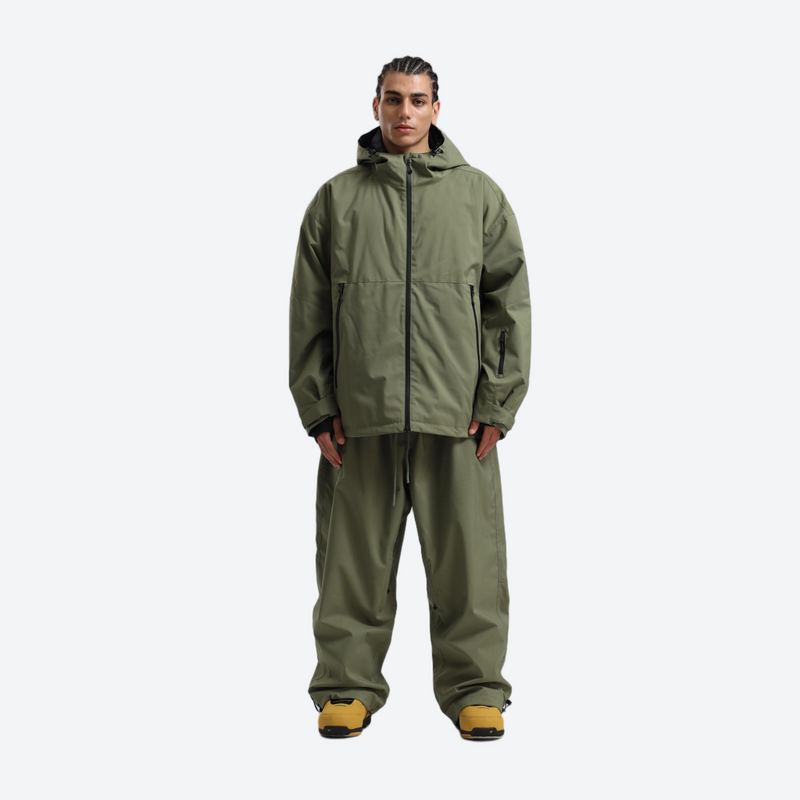 Men's breathable ski jacket with wide-leg pants - olive green jacket with olive pants, for powder days and winter commute