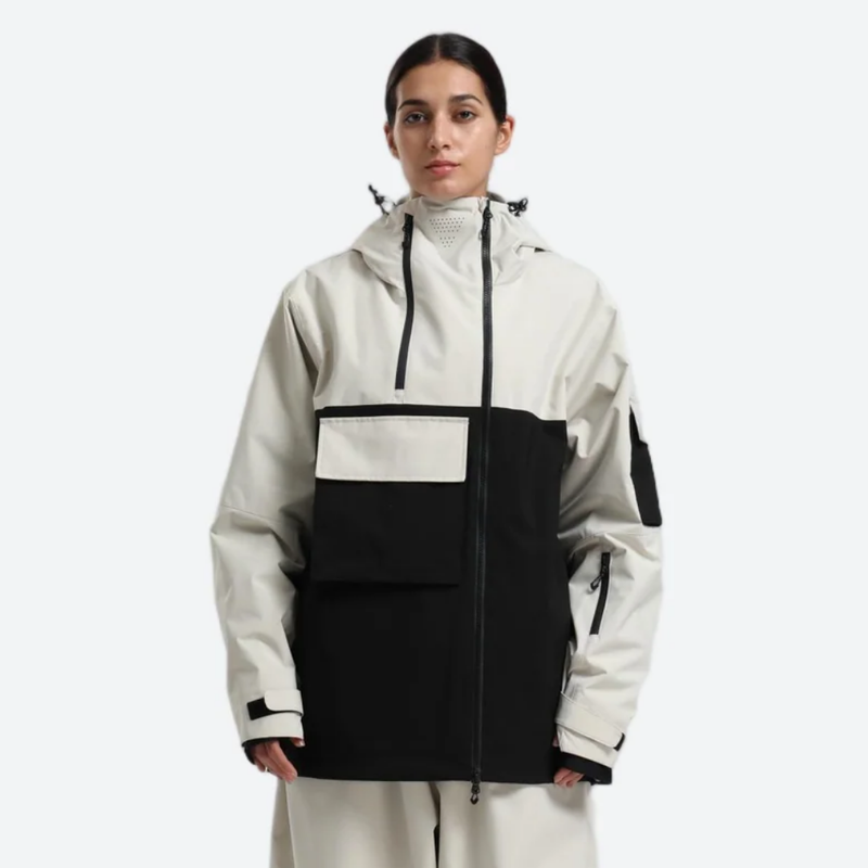 Women's breathable 2-layer snowboard jacket and pants - cream and black colorblock, for cold-weather winter sports