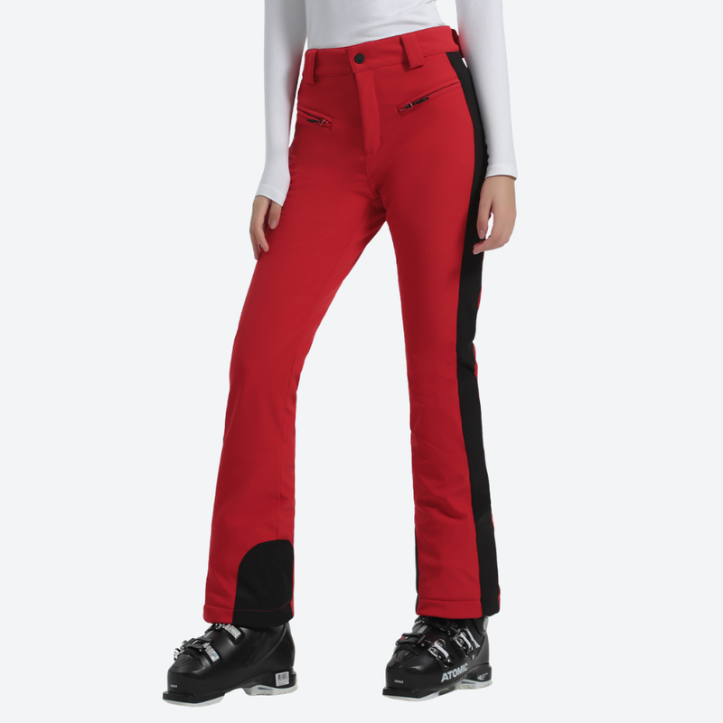 Women's slim waterproof ski trousers for resort - red ski pants with black side stripe, for winter mountain trips