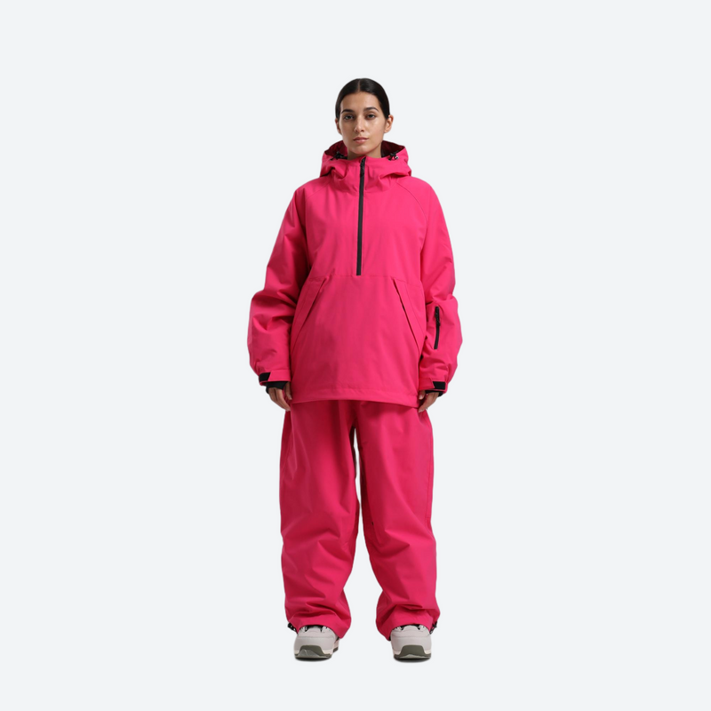 Women's breathable ski pullover jacket and pants set - rose pink anorak jacket and pants set, for resort and street wear