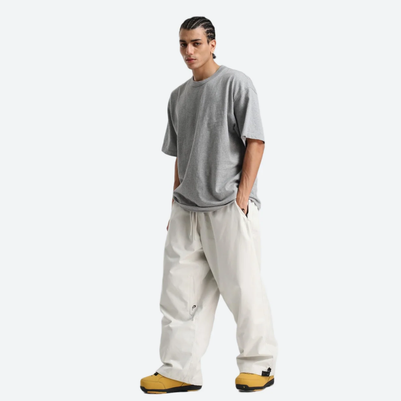 Unisex snowboard jacket and pants set - white snow pants with gray tee, for skiing and snowboarding