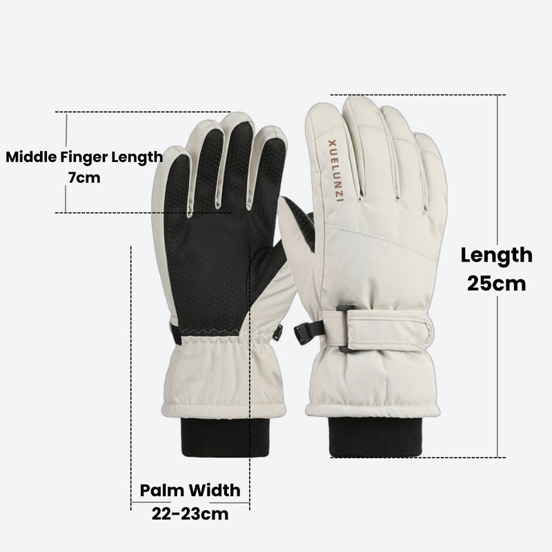 Kids' snow gloves and mittens for winter sports - white kids snow gloves, size spec infographic, for winter mountain trips
