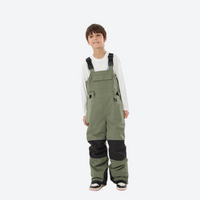 
                  
                    Kids 3L waterproof snow jacket and pants suit - olive bib pants with black knee patches, for cold-weather winter outdoor fun
                  
                