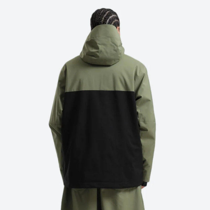 Men's waterproof 2L pullover snow jacket and pants - olive green and black colorblock, for resort and street wear