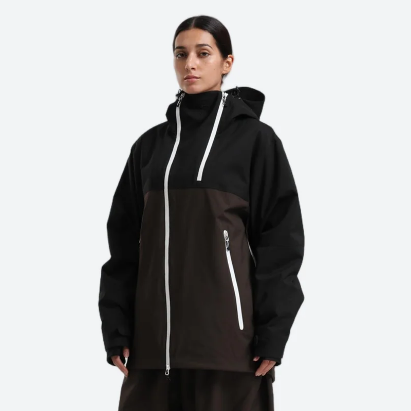 Women's breathable 2-layer snowboard jacket and pants - black and coffee brown colorblock, for skiing and snowboarding