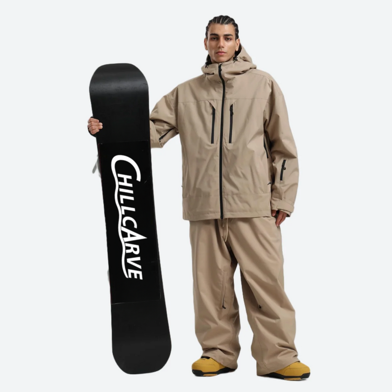 Men's 2-layer snowboard jacket and wide-leg pants - tan jacket with tan pants, for skiing and snowboarding
