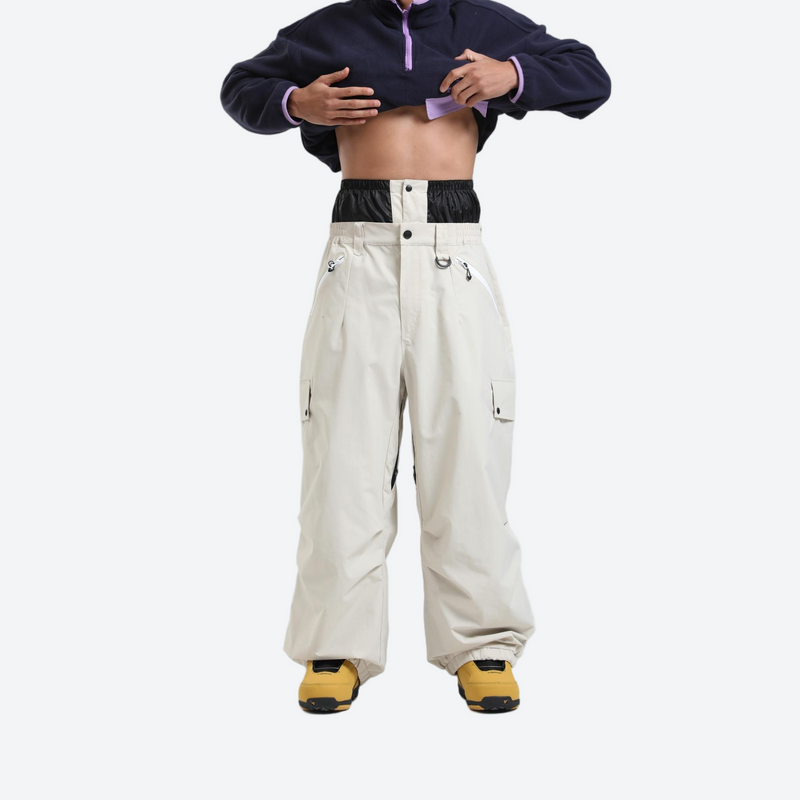 Unisex breathable wide-leg ski pants - cream snow pants, waistband close-up with lifted jacket, for resort and street wear
