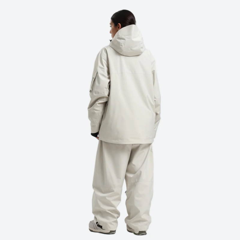 Women's colorblock ski pullover set - cream jacket with cream pants, on-model back hood view, for skiing and snowboarding